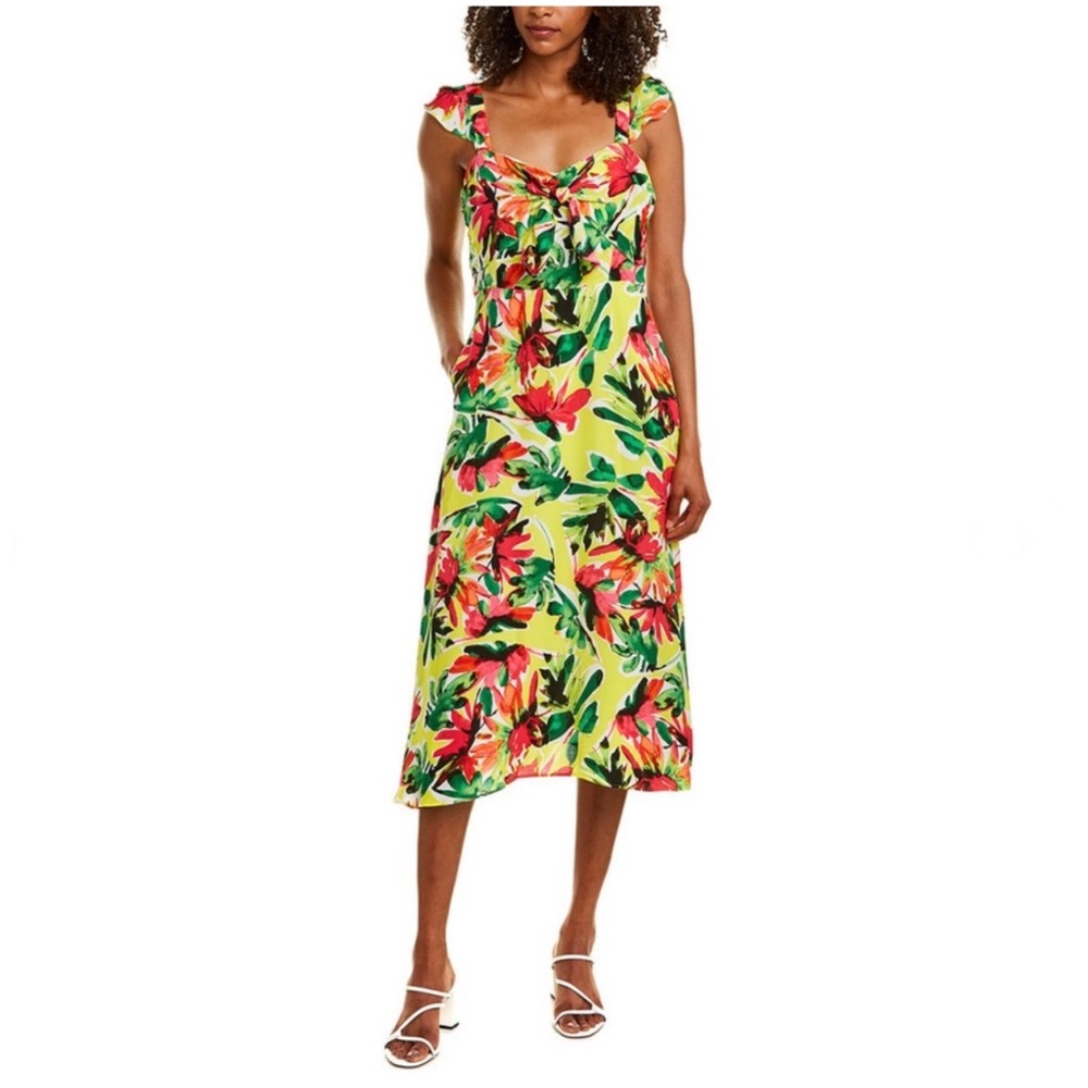 Julia Jordan Floral Dress Yellow Multi Ruffle Shoulder Midi Size 8